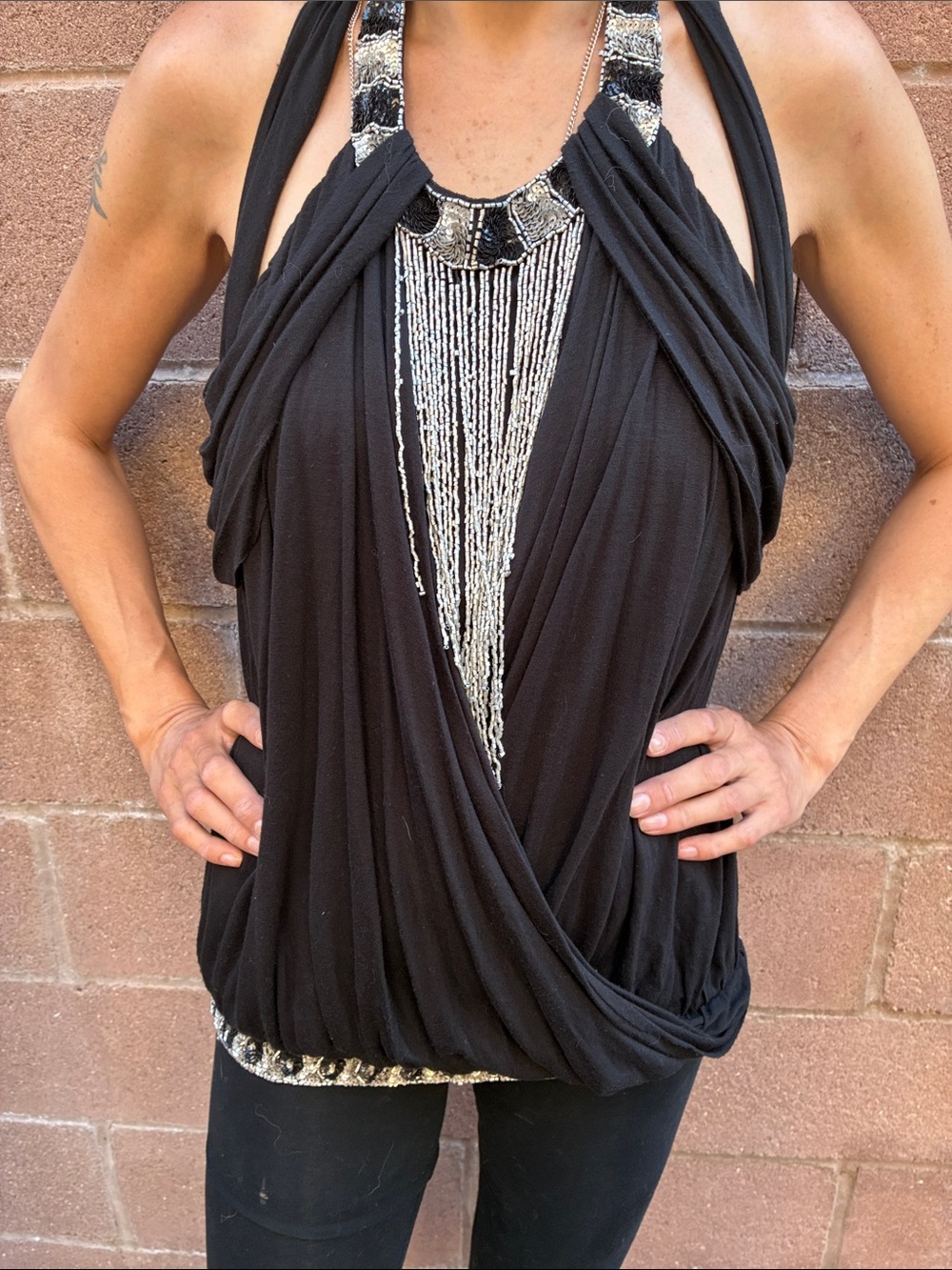Christian Audigier Black Halter Top with Silver Beaded Fringe